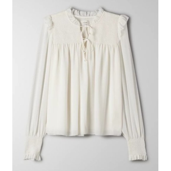 ARITZIA WILFRED CREAM SMOCKED LACE-UP RUFFLE BLOUSE M NWT - Picture 15 of 15